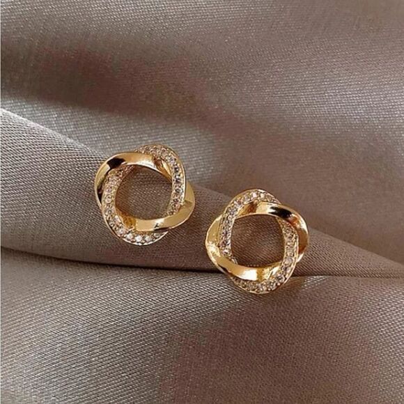 Gold Rhinestone Circle Stud Earrings - Picture 1 of 2